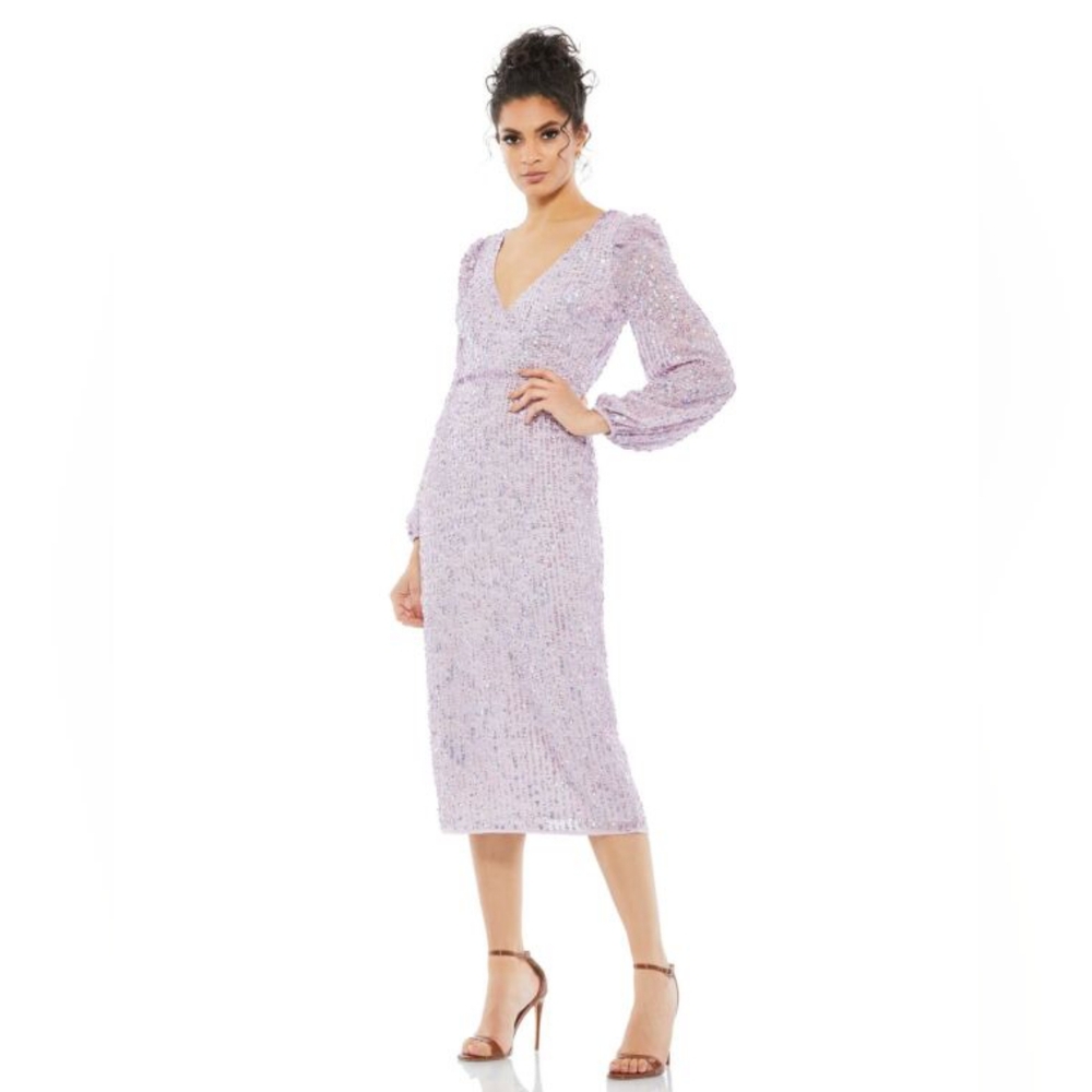 Mac Duggal Purple Sequined Illusion Puff Sleeve V Neck Midi Dress